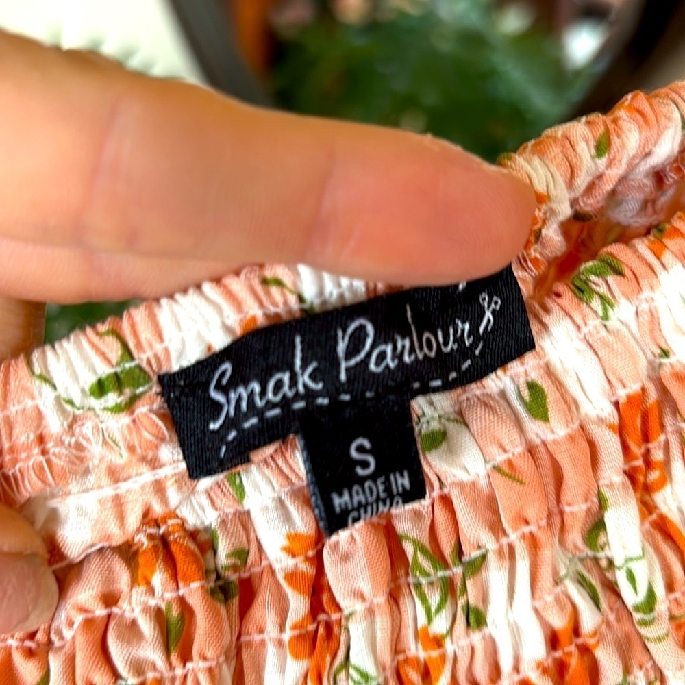 Brand New Smak Parlour Peach Gingham Floral Smocked Mini Dress Puff Sleeves Mod - Picture 8 of 15